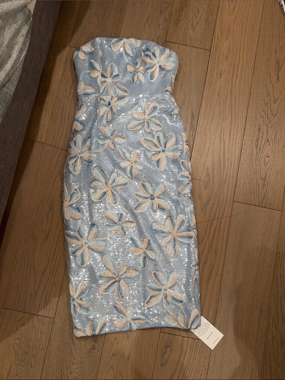 Milly Strapless Light Blue Sequin Floral Sheath Dress - Picture 2 of 5